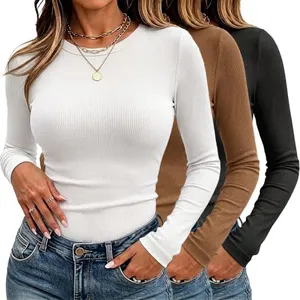 umroo 3 Pack Women's Ribbed Knit Long Sleeve Tops Crew Neck Slim Fit Shirt