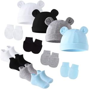 FEOYA - 4 Pairs Newborn Infant Beanie Hat Mitten Socks Set Baby Girl Hospital Cap Gloves Socks Sets Cotton Soft Elastic Warm Hat for Autumn Winter Fall Spring 0-5 Months Solid