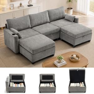 VBONDA 110" Modular Sectional Couch with Storage Seat & Ottoman,3 Seater U Shaped Deep Seat Sofa with USB Charging Port and Cupholder for Living Room,Grey