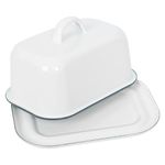 Argon Tableware 1x Green 18.5cm x 10cm White Enamel Butter Dish with Lid - Vintage Kitchen Fridge Cheese Container Serving Tray