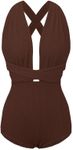 COCOSHIP Espresso & Coffee Crinkled Fabric Women's Retro One Piece V-Neck Swimsuit Bather High Waist Criss Cross Monokini XXXL(US16 or US18)