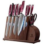 Piklohas Knife Sets for Kitchen with Block, 14 Pieces with Magnetic Knife Holder, German High Carbon Stainless Steel Damascus Pattern Chef Knife Set with Sharpener, Steak Knives, Red