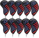 Patriotism Black Leather Golf Iron Club Head Covers Headcovers Set Reb White Blue American Flag Style Golf Iron Covers for Golf Clubs, 10pcs Golf Club Protective for Taylormade, Mizuno, Ping