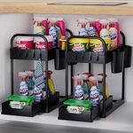 AIXPI 2 Tier Under Sink Storage,Under Sink Organiser with Bottom Sliding Basket Drawer,4 Hooks, 2 Hanging Cup,Under Sink Cabinet Organiser for Bathroom Kitchen Countertop,2 Pack,Black