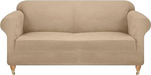 viceroy bedding VELVET STRETCH Thick Sofa Covers 1/2/3/4 Seater Sofa Furniture Protector EASY FIT ELASTIC Jacquard Fabric Couch Settee Slipcover BONUS SIDE STORAGE POCKET (Beige, 2 Seater)