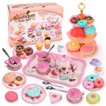 QIZEBABY Tea Party Set for Girls ,48 PCS Kids Tin Tea Set Including Teapots & Teacups & Dishes & Cookies & Dessert & Icecream , Pretend Play Kitchen Accessories for Toddler,Gift for 3 4 5 6 Years Old