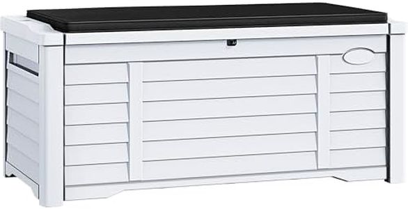 DWVO Large Deck Box 120 Gallon Waterproof Outdoor Storage Box w/Black Cushion, Extra Large Louvered Outdoor Storage Bin for Outdoor Pillows, Garden Tools and Pool Supplies, Resin, Lockable, White