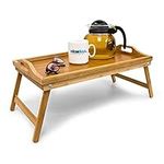 Relaxdays Bamboo Wooden Breakfast in Bed Tray, 50 x 30 x 23 cm Serving Tray With Folding Legs And Handles, Natural Brown