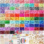 ALinmo 15000PCS 84 Colors Clay Beads for Bracelet Making Kit Flat Round Polymer Clay Beads Spacer Heishi Beads for Jewelry Making with Pendant Charms Kit Letter Beads and Elastic Strings