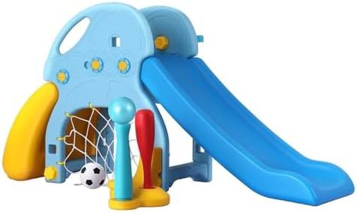 Keezi Kids Slide Swing Set with Basketball Hoop Baseball Bat, 5 in 1 Climbing Frame Cubby House Toddler Fold Up Cardboard Slides Playground Outdoor Indoor Activity Sports Center Gym, 120cm Blue