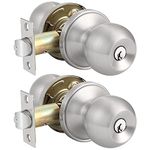 Probrico 2 Pack Entry Door Knob with Key Stainless Steel Exterior Door Knobs Round Security Front Door Lock Set Satin Nickel