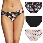 Maidenform Women's Bikini Underwear, Barely There Microfiber, Panty Lines, 3-Pack, Oil Flower/Black/Sandshell Dot Print, Medium