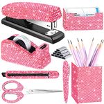 7 Pieces Bling Desk Accessories Set Glitter Crystal Office Stationery Kit for Women Diamond Tape Dispenser, Stapler, Card Holder, Pencil Pot Holder, Scissors, Ballpoint Pens, Knife(Pink)