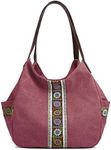 Worldlyda Women Canvas Hobo Purse Multi Pocket Tote Shopper Shoulder Bag Casual Top Handle handbag with Embroidery Ethnic (Upgraded Burgundy2)