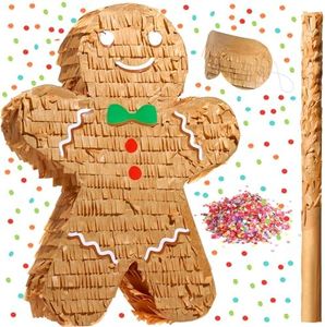 Qeeenar Christmas Gingerbread Man Pinata 16 Inch Gingerbread Pinata with Stick Blindfold and Confetti Pack Christmas Mexican Pinata Bundle for Boys Girls Birthday Xmas Holiday Pinata Game