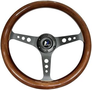 Hiracing 14" Universal Classic Wood Grain Steering Wheel Brushed 3 Spoke 1.5 inch Depth Steering Wheel with Horn Button 6 bolts