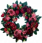 Artificial Floral Wreath 16 Inches Peony Wreath Round Silk Indoor and Outdoor Floral Wreath Home Decor for Front Door Wall Outdoor Farmhouse Decor, Red