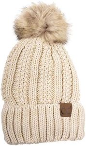 C.C Thick Cable Knit Faux Fuzzy Fur Pom Fleece Lined Skull Cap Cuff Beanie, Beige/Ivory