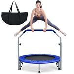 GYMAX 40" Mini Fitness Trampoline, Foldable Exercise Rebounder with 4-level Adjustable Foam Handrail, Indoor/Outdoor Gym Trampolines for Kids Adults (Blue+Black)