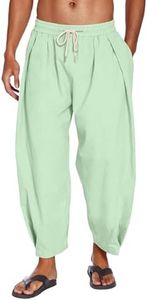 COOFANDY Men's Cotton Linen Harem Pants Drawstring Casual Cropped Trousers Lightweight Loose Beach Yoga Pants with Pockets Green