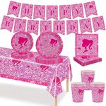 MORAINJAY 70Pcs Hot Pink Girls Party Tableware Set,Hot Pink Bar-bie Party Table Decoration,Banner,Cups,Paper Plates Tablecloth and Napkins for Princess Birthday Let's Go Party Supplies(16 Guests)