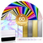 Permanent Vinyl Sheets 60 Pack - Adhesive Vinyl for Cricut 12" x 12", 50 Colors Vinyl Permanent Adhesive Bundle with Craft Tools and 10 Cricut Transfer Tape for Vinyl DIY Home Decor, Window, Cup