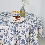 Wracra Blue Floral Pastoral Table Cloth Cotton Linen Vintage 140cm Round Tablecloth Indoor Outdoor Table Cover Suitable for Party,Picnic,Dining,Garden(Blue Floral, Round 140cm)