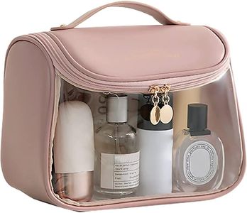 EZKOXAH Large Travel Makeup Bags Leather Waterproof Women's Toiletry Bag Portable Organizer Storage Cosmetic with Handle and Clear Window for Valentine's Mother's Day Wife & Mom for Her Gifts (Pink)