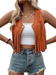 SweatyRocks Women's Suede Fringe Trim Sleeveless Crop Vest Jacket Button Front Coat Orange XXL