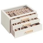 SONGMICS 3-Layer Jewelry Box with Glass Window, Jewelry Storage Organizer with 3 Drawers, Golden Handles, for Rings, Earrings, Bracelets, Gift Idea, Cream White, 16 x 24 x 12.5 cm UJBC206WD01
