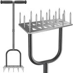 BeneLabel Lawn Aerator Spike, Manual Grass Aerating Tool Long Handle Garden Plugger Heavy Duty Aeration Spike with 15 Spikes & Non-Slip Grip for Loosening Compacted Soil/Silver