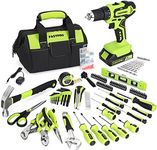 FASTPRO 232-Piece 20V Cordless Lithium-ion Drill Driver and Home Tool Set, Household Repairing Tool Kit with Drill, 12-Inch Wide Mouth Open Storage Tool Bag, Green