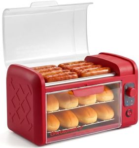 Elite Gourmet 8 Hot Dog Roller & Toaster Oven | 5 Stainless Steel Rollers, 30-Min Timer, Auto Shut-Off, 2 Warming Racks, Bun Warmer, Drip Pan | Cooks Brats, Sausages, Taquitos | Red