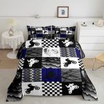 Dirt Bike Comforter Set, Motocross Rider Bedding Comforter Sets Queen, Motorcycle Grunge Down Comforter For Kids Boys Adult Men, Motorbike Extreme Sport Game Comforter, Buffalo Plaid, Blue Grey Black