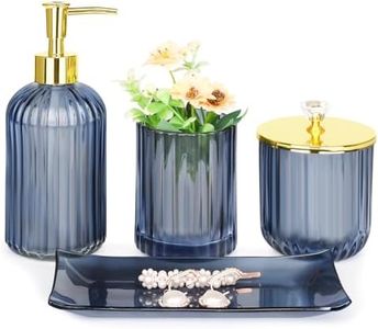 Haturi Bathroom Accessories Set, 4 Pcs Blue Glass Bathroom Accessories Sets Complete w/Lotion Soap Dispenser, Toothbrush Holder, Apothecary Jar, Vanity Tray, Bathroom Decor, Home Apartment