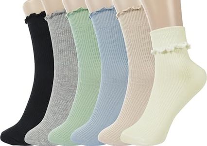 BomKinta Ruffle Socks Women Lightweight Cotton Socks Turn-Cuff Frilly Sock Casual Above Ankle Socks Black Gray Blue Green Light Khahi Cream 6 Pairs Size 5-10