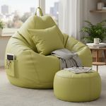 KAM'S LIEU 6XL Luxury Faux Leather Bean Bag with Footrest & Cushion | Pre-Filled High-Density Polystyrene Beans | Premium Leatherette |Teardrop Handle Design | 6 Months Warranty Color- Olive Green