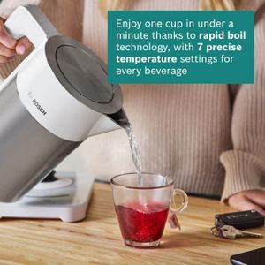 Bosch Cordless Kettle 1.7L – 7 Temperature Settings, KeepWarm, White/Silver