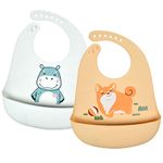 Vicloon Silicone Baby Bib, 2PCS Baby Weaning Bibs, Adjustable Waterproof Baby Feeding Bibs with Food Catcher Pocket, Unisex Soft and Easily Wipe Clean for Infant Toddler, Hippo & Puppy