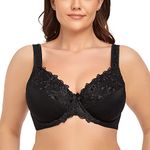 Ayigedu Women's Underwire Bra Non-Padded Floral Lace Plus Size Full Coverage Minimizer 48D Black