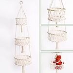 3 Tier Hanging Fruit Basket for Kitchen, Woven Baskets Macrame Hanging Basket Boho Wall Baskets for Storage,Decor, Indoor Plants (Cream Color)