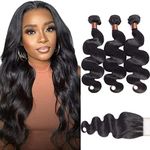 ANGIE QUEEN Brazilian Virgin Body Wave Hair 3 bundles With Three Part Closure Natural Black Color 100% Unprocessed Human Hair Weaves Wefts with Lace Closure (22 24 26+18 closure)