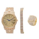 Bling-ed Mens Hip Hop Roman Numeral Dial Gold Tone Watch w/ 2 Row Bling-ed Out Tennis Bracelet and Matching Bling Ring - L0503G2RT3Set(12)