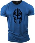 GYMTIER Spartan Helmet UK Flag Men's Gym T-Shirt Bodybuilding Training Workout Lifting Top Clothing, Royal Blue, L, Royal Blue, L