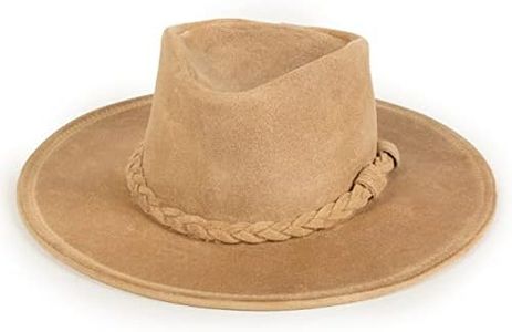 Minnetonka Outback Hat - Flat Brimmed Cowboy Hat for Men and Women Made with Distressed Ruff Leather, Hidden Steel Wire in Brim, and Subtle Leather-Braided Accent, Large-Tan