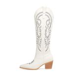 Oh Mispares Women's Western Knee High Cowboy Boots,Embroidered Wide Calf Chunky Block Heel Cowgirl Boots for Women, White, 9 UK