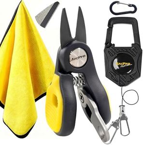 ARCPRO Titanium Fishing Line Cutter, 3-in-1 Fishing Scissors Saltwater Ready Set with Retractable Zinger & Thick Microfiber Towel, One-Hand Operation Anti-Rust Compact Braid Scissors & Gear