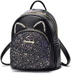 Mini Backpack for Women Cute Cat Ears Design, Leather Small Backpack Purse for Teen Girls with Sequin Decoration (black)