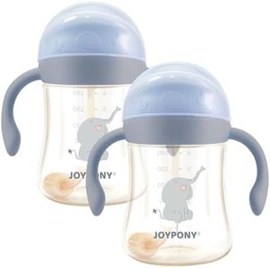 Joypony Sippy Cups for Toddlers 1-3, Blue 2 Pack, 9 oz, Spill Proof Weighted Straw Cup with Handle for Baby 6 Months + old, Total 4 Silicone Straws, PPSU, BPA Free