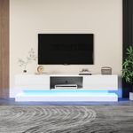 BTM TV Stand Cabinet, High Gloss TV Unit with 16-Colour LED Lights, White TV Cabinet with 2 Drawers & 1 Open Storage Space, TV Unit for 70-79 inch TV, 160x35x40.5cm